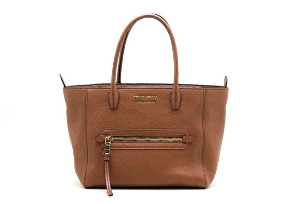 Miu Miu Madras leather tote bag dual top handles front zip Brown